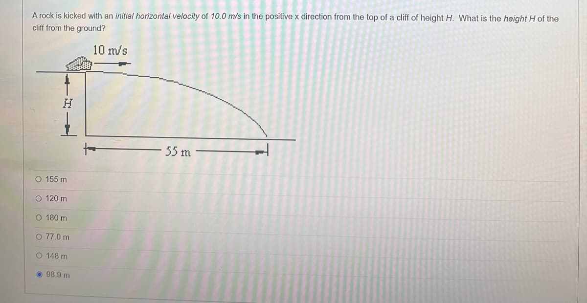 A rock is kicked with an initial horizontal velocity of 10.0 m/s in the positive x direction from the top of a cliff of height H. What is the height H of the
cliff from the ground?
10 m/s
55 m
O 155 m
O 120 m
O 180 m
O 77.0 m
O 148 m
O 98.9 m
