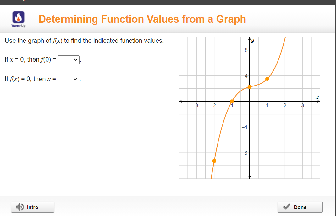 Determining Function Values from a Graph
Warm-Up
Use the graph of flx) to find the indicated function values.
ty
If x = 0, then f(0) =
If f(x) = 0, then x =
-3
-2
1
2
3
Intro
Done
