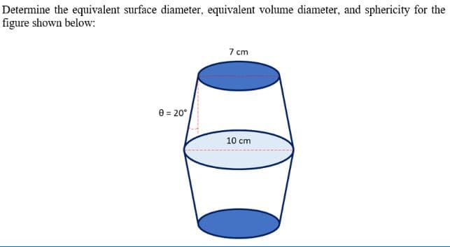 Determine the equivalent surface diameter, equivalent volume diameter, and sphericity for the
figure shown below:
0 = 20°
7 cm
10 cm