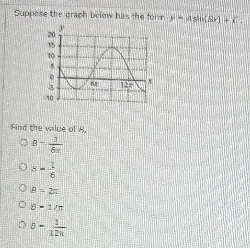 Suppose the graph below has the form - A sin(Bx) + C.
Ов
20
15
10
Find the value of B.
OB = 1
6T
OB
ㅇㅇㅇㅇ
Ⓒ B = 2
OB = 12T
12