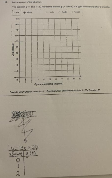 12.
Make a graph of the situation.
The equation y = 15z + 20 represents the cost v (in dollars) of a gym membership after a monthe.
Line
+ Move
6 Undo
A Redo
x Reset
-45
-40-
-35-
-30-
-25-
-20
-15-
10
-5-
10
Gym membership (months)
Grade 8: MRLChapter 4>Section 4.1: Graphing Linear Equations>Exercises: 1-33> Question #7
4=15x +20
y).
Cost (dollars)
