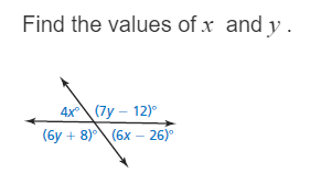 **Problem Statement:**

Find the values of \( x \) and \( y \).

**Diagram Explanation:**

The diagram presents two intersecting lines, creating four angles. The angles are expressed in terms of \( x \) and \( y \):

- The top left angle is labeled \( 4x^\circ \).
- The top right angle is labeled \( (7y - 12)^\circ \).
- The bottom left angle is labeled \( (6y + 8)^\circ \).
- The bottom right angle is labeled \( (6x - 26)^\circ \).

**Solution Approach:**

1. **Identify Vertical Angles:**
   - Vertical angles are equal. Thus, the angles \( 4x^\circ \) and \( (6x - 26)^\circ \) are vertical and equal.
   - Set the equation: 
     \[
     4x = 6x - 26 
     \]

2. **Solve for \( x \):**
   - Rearrange and solve:
     \[
     4x = 6x - 26 
     \]
     \[
     26 = 6x - 4x 
     \]
     \[
     26 = 2x 
     \]
     \[
     x = 13 
     \]

3. **Identify Additional Vertical Angles:**
   - Similarly, angles \( (7y - 12)^\circ \) and \( (6y + 8)^\circ \) are vertical and therefore equal.
   - Set the equation:
     \[
     7y - 12 = 6y + 8 
     \]

4. **Solve for \( y \):**
   - Rearrange and solve:
     \[
     7y - 12 = 6y + 8 
     \]
     \[
     7y - 6y = 8 + 12 
     \]
     \[
     y = 20 
     \]

**Conclusion:**

The values of \( x \) and \( y \) are \( x = 13 \) and \( y = 20 \) respectively.