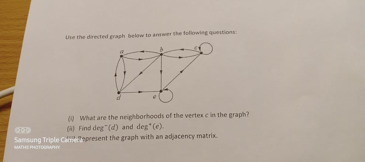 Use the directed graph below to answer the following questions:
e
(i) What are the neighborhoods of the vertex c in the graph?
(ii) Find deg (d) and deg*(e).
Samsung Triple Cafmerepresent the graph with an adjacency matrix.
MATHS PHOTOGRAPHY.
