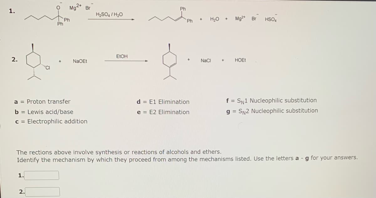 1.
2.
Mg2+ Br
1.
Ph
Ph
a Proton transfer
b = Lewis acid/base
c = Electrophilic addition
2.
NaOEt
H₂SO4/H₂O
EtOH
Ph
Ph
d=E1 Elimination
e E2 Elimination
+
H₂O +
NaCl
Mg2+ Br HSO4
HOEt
The rections above involve synthesis or reactions of alcohols and ethers.
Identify the mechanism by which they proceed from among the mechanisms listed. Use the letters a - g for your answers.
f = SN1 Nucleophilic substitution
g= SN2 Nucleophilic substitution