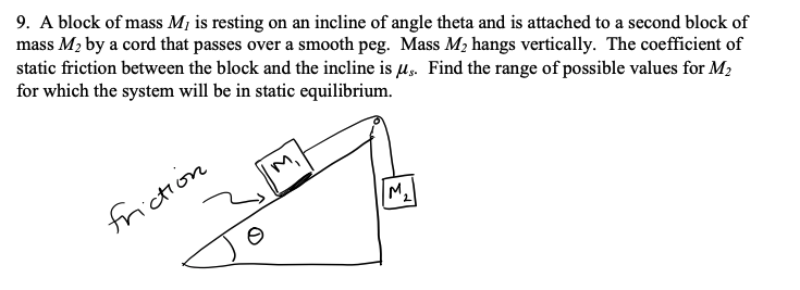 9. A block of mass M¡ is resting on an incline of angle theta and is attached to a second block of
mass M2 by a cord that passes over a smooth peg. Mass M2 hangs vertically. The coefficient of
static friction between the block and the incline is u. Find the range of possible values for M2
for which the system will be in static equilibrium.
friction
M,
7.
