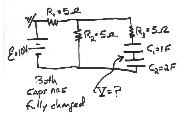 ### Circuit Analysis with Fully Charged Capacitors

In this diagram, we analyze a circuit with fully charged capacitors. The circuit includes three resistors, two capacitors, and a power source. Here's a detailed breakdown of the components and connections:

#### Components:
1. **Voltage Source (E):** 10V
2. **Resistors:**
   - \( R_1 = 5 \Omega \)
   - \( R_2 = 5 \Omega \)
   - \( R_3 = 5 \Omega \)
3. **Capacitors:**
   - \( C_1 = 1 \text{F} \)
   - \( C_2 = 2 \text{F} \)

#### Circuit Description:
- The circuit starts with a voltage source (E) of 10V.
- The voltage source is connected in series with resistor \( R_1 \) (5Ω).
- Following \( R_1 \), the circuit splits into two parallel branches:
  1. The first branch contains resistor \( R_2 \) (5Ω).
  2. The second branch contains resistor \( R_3 \) (5Ω) in series with two capacitors \( C_1 \) (1F) and \( C_2 \) (2F) in series.

#### Key Analysis Points:
- **Fully Charged Capacitors:** Both \( C_1 \) and \( C_2 \) are fully charged, implying that there is no current flowing through the capacitors.
- **Voltage Calculation (V):** The voltage across the capacitors needs to be determined (denoted as \( V \)).

To find \( V \), consider the implications of fully charged capacitors:
1. Once fully charged, capacitors in a DC circuit act as open circuits.
2. The voltage across each capacitor depends on its capacitance and the total voltage provided by the source.

Given \( C_1 \) and \( C_2 \) are in series:
- The equivalent capacitance \( C_{eq} = \frac{1}{\frac{1}{C_1} + \frac{1}{C_2}} = \frac{1}{\frac{1}{1} + \frac{1}{2}} = \frac{1}{1.5} = \frac{2}{3} \text{ F} \)
- Using