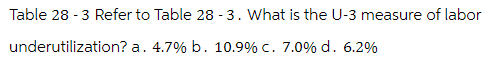 Table 28 -3 Refer to Table 28 - 3. What is the U-3 measure of labor
underutilization? a. 4.7% b. 10.9% c. 7.0% d. 6.2%