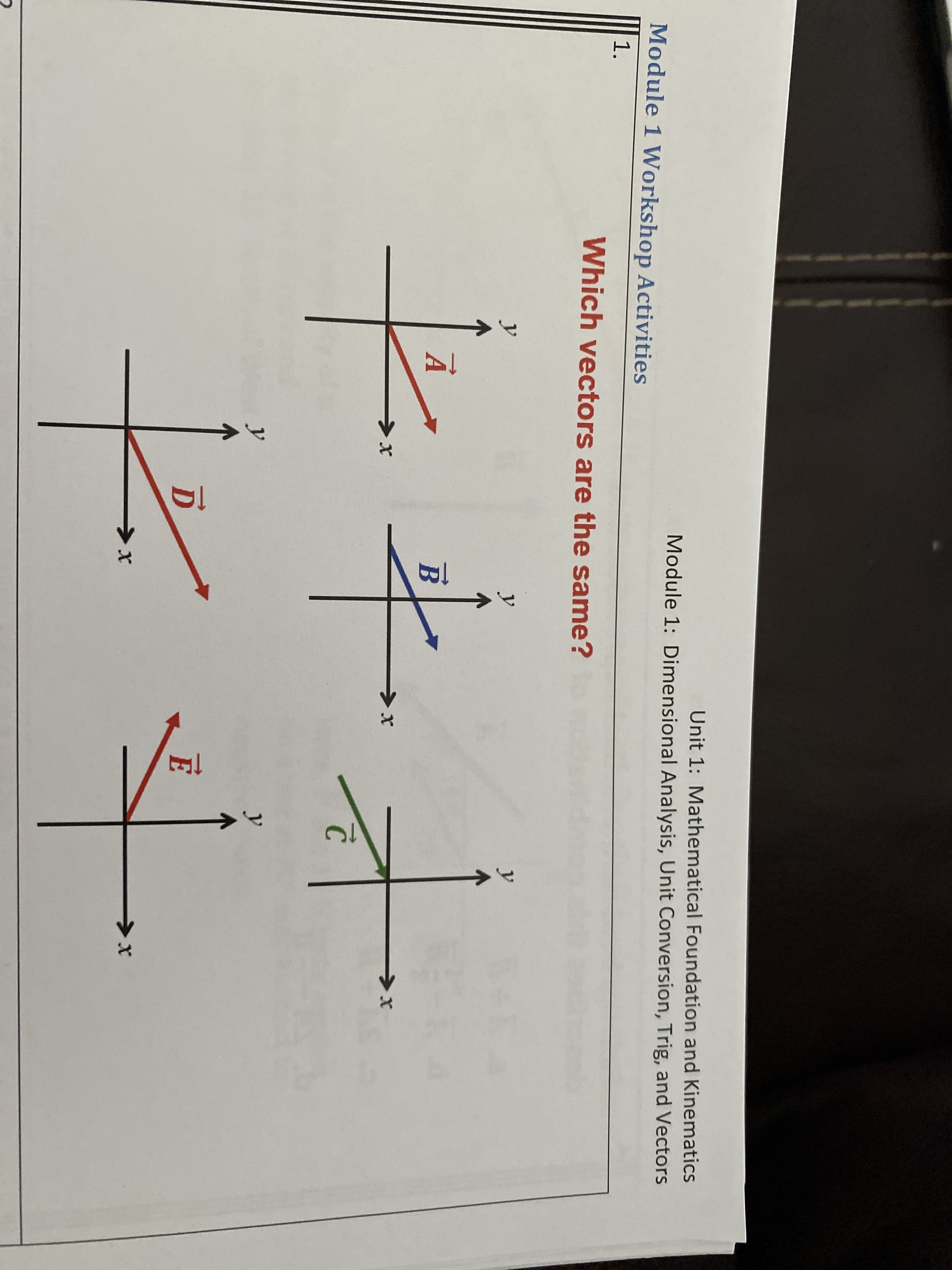 Unit 1: Mathematical Foundation and Kinematics
Module 1: Dimensional Analysis, Unit Conversion, Trig, and Vectors
Module 1 Workshop Activities
1.
Which vectors are the same?
y
y
y
