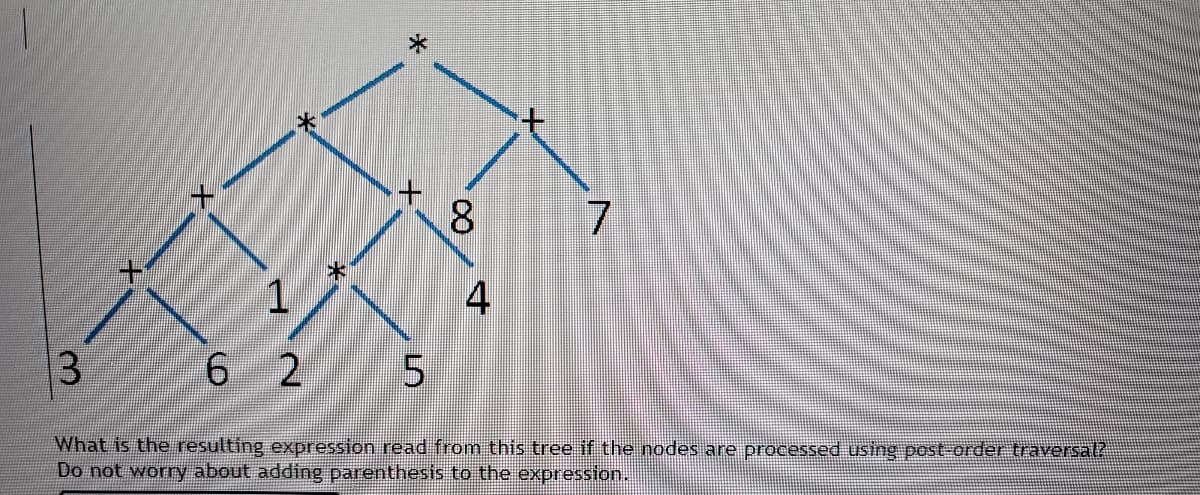 4
6 2
5.
What is the resulting expression read from this tree if the nodes are processed using post-order traversal?
Do not worry about adding parenthesis to the expression.
