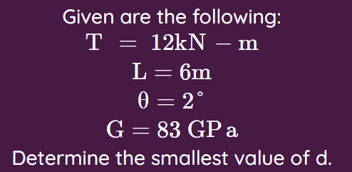 Given are the following:
T = 12kN – m
L = 6m
0 = 2°
G = 83 GP a
Determine the smallest value of d.