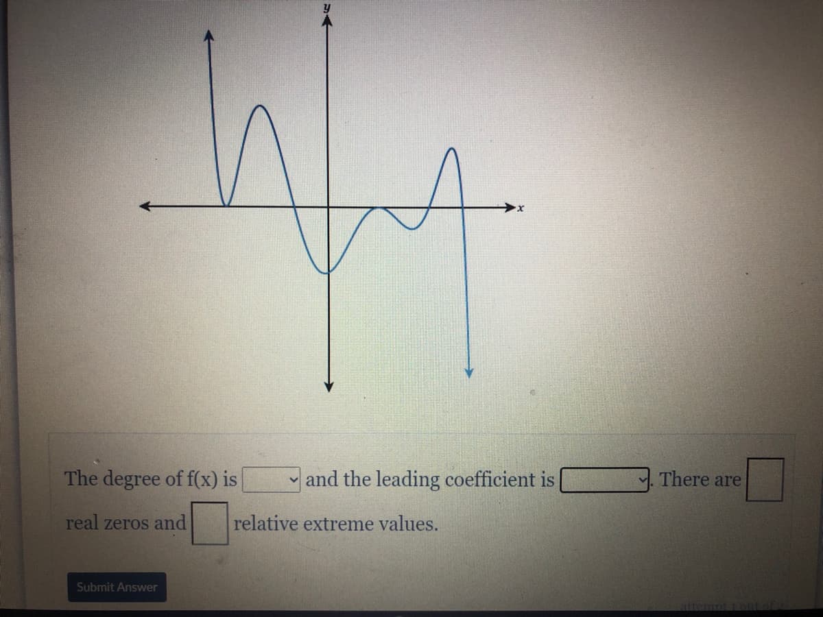 The degree of f(x) is
and the leading coefficient is
There are
real zeros and
relative extreme values.
Submit Answer
