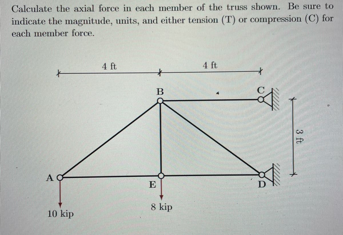 Calculate the axial force in each member of the truss shown. Be sure to
indicate the magnitude, units, and either tension (T) or compression (C) for
each member force.
4 ft
4 ft
A
E
8 kip
10 kip
3 ft
