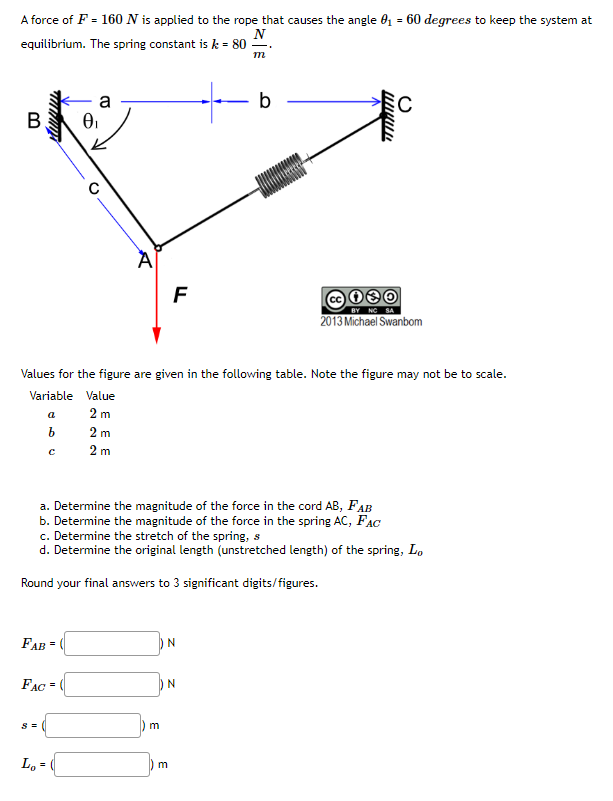 A force of F = 160 N is applied to the rope that causes the angle 0₁ = 60 degrees to keep the system at
N
equilibrium. The spring constant is k = 80
m
B
www
a
b
с
Lo
a
0₁
FAB=
FAC =
А
Values for the figure are given in the following table. Note the figure may not be to scale.
Variable Value
2m
2 m
2 m
F
a. Determine the magnitude of the force in the cord AB, FAB
b. Determine the magnitude of the force in the spring AC, FAC
m
c. Determine the stretch of the spring, s
d. Determine the original length (unstretched length) of the spring, Lo
Round your final answers to 3 significant digits/figures.
|
N
b
N
חחח
wwwww
Ⓒ030
2013 Michael Swanbom