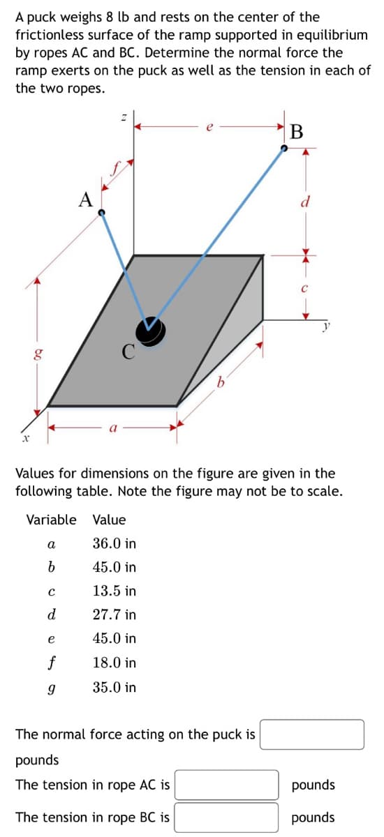 A puck weighs 8 lb and rests on the center of the
frictionless surface of the ramp supported in equilibrium
by ropes AC and BC. Determine the normal force the
ramp exerts on the puck as well as the tension in each of
the two ropes.
g
Variable Value
Values for dimensions on the figure are given in the
following table. Note the figure may not be to scale.
a
b
C
d
e
f
g9
36.0 in
45.0 in
13.5 in
27.7 in
45.0 in
18.0 in
35.0 in
B
The normal force acting on the puck is
pounds
The tension in rope AC is
The tension in rope BC is
C
pounds
pounds