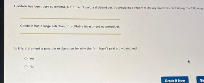 Goodwin has been very successful, but it hasn't paid a dividend yet. It circulates a report to its key investors containing the following
Goodwin has a large selection of profitable investment opportunities.
Is this statement a possible explanation for why the firm hasn't paid a dividend yet?
Yes
No
Grade It Now
Sa