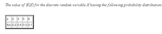 The value of E(X) for the dizerete random variable Xhaving tihe following probability distribution:
o02 04 03 jo1
