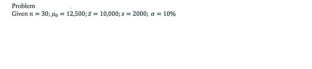 Problem
Given n =
30; lo
12,500; = 10,000; s =
2000; a =
10%
