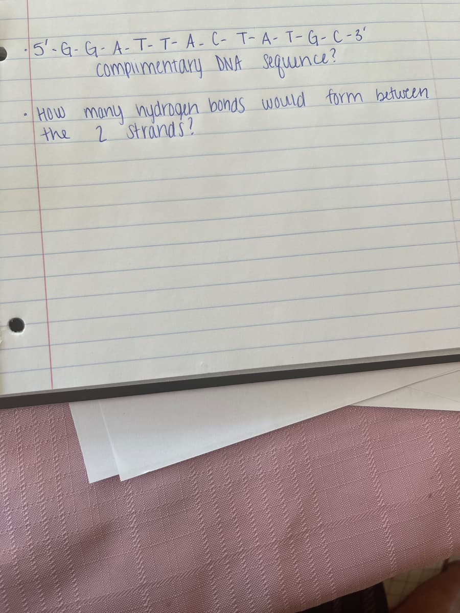 ·5'-G-G-A-T- T-A-C- T-A-T-G-C-3'
Complimentary DNA sequence?
How many hydrogen bonds would form between
2 Strands?
the