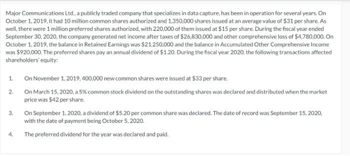 Major Communications Ltd., a publicly traded company that specializes in data capture, has been in operation for several years. On
October 1, 2019, it had 10 million common shares authorized and 1,350,000 shares issued at an average value of $31 per share. As
well, there were 1 million preferred shares authorized, with 220,000 of them issued at $15 per share. During the fiscal year ended
September 30, 2020, the company generated net income after taxes of $26,830,000 and other comprehensive loss of $4,780,000. On
October 1, 2019, the balance in Retained Earnings was $21.250,000 and the balance in Accumulated Other Comprehensive Income
was $920,000. The preferred shares pay an annual dividend of $1.20. During the fiscal year 2020, the following transactions affected
shareholders' equity:
1.
2.
On November 1, 2019, 400,000 new common shares were issued at $33 per share.
On March 15, 2020, a 5% common stock dividend on the outstanding shares was declared and distributed when the market
price was $42 per share.
3. On September 1, 2020, a dividend of $5.20 per common share was declared. The date of record was September 15, 2020,
with the date of payment being October 5, 2020.
The preferred dividend for the year was declared and paid.
4.