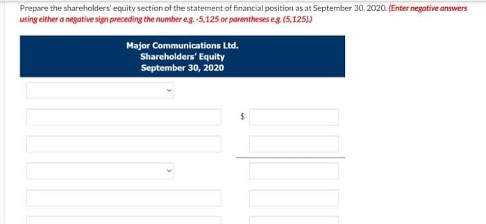 Prepare the shareholders' equity section of the statement of financial position as at September 30, 2020. (Enter negative answers
using either a negative sign preceding the number e.g. -5,125 or parentheses e.g. (5,125).)
Major Communications Ltd.
Shareholders' Equity
September 30, 2020