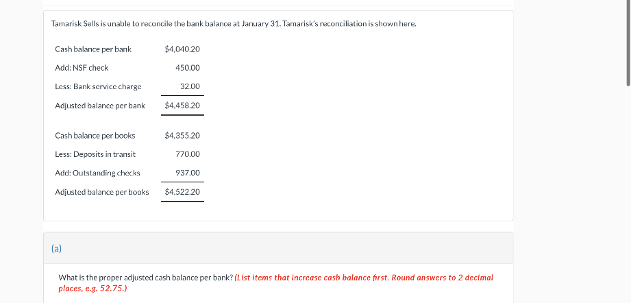 Tamarisk Sells is unable to reconcile the bank balance at January 31. Tamarisk's reconciliation is shown here.
Cash balance per bank
Add: NSF check
Less: Bank service charge
Adjusted balance per bank
Cash balance per books
Less: Deposits in transit
Add: Outstanding checks
Adjusted balance per books
(a)
$4,040.20
450.00
32.00
$4,458.20
$4,355.20
770.00
937.00
$4,522.20
What is the proper adjusted cash balance per bank? (List items that increase cash balance first. Round answers to 2 decimal
places, e.g. 52.75.)