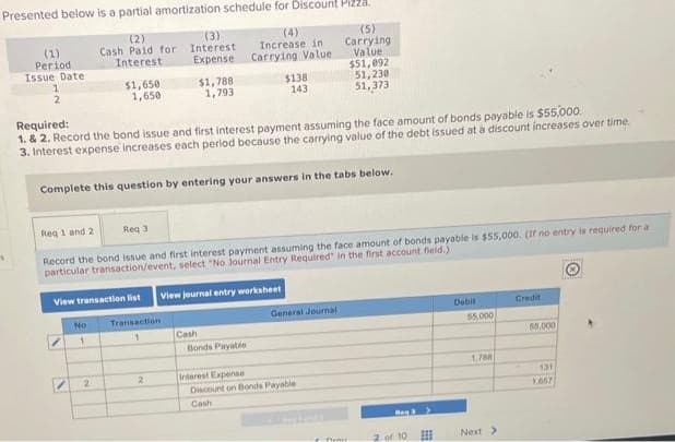 Presented below is a partial amortization schedule for Discount Pizza.
(2)
(5)
Cash Paid for
Interest
(4)
Increase in
O Carrying Value
Carrying
Value
$51,092
s
(1)
Period
Issue Date
1
2
$1,650
1,650
View transaction list
/
No
1
Required:
1. & 2. Record the bond issue and first interest payment assuming the face amount of bonds payable is $55,000.
3. Interest expense increases each period because the carrying value of the debt issued at a discount increases over time.
Complete this question by entering your answers in the tabs below.
2
Req 1 and 2
Req 3
Record the bond issue and first interest payment assuming the face amount of bonds payable is $55,000. (If no entry is required for a
particular transaction/event, select "No Journal Entry Required in the first account field.)
View journal entry worksheet
(3)
Interest
Expense
Transaction
1
2
$1,788
1,793
Cash
$138
143
Bonds Payable
Interest Expense
General Journal
51,230
51,373
Discount on Bonds Payable
Cash
Prat
May 3
2 of 10
Debit
$5,000
1.788
Next
Credit
65,000
131
1.657