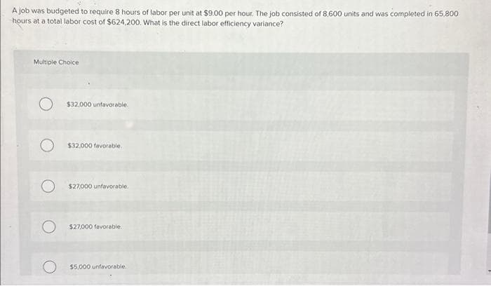 A job was budgeted to require 8 hours of labor per unit at $9.00 per hour. The job consisted of 8,600 units and was completed in 65,800
hours at a total labor cost of $624,200. What is the direct labor efficiency variance?
Multiple Choice
O
$32,000 unfavorable.
$32,000 favorable..
$27,000 unfavorable.
$27,000 favorable.
$5,000 unfavorable..