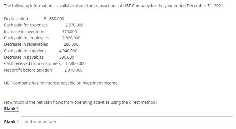 The following information is available about the transactions of UBF Company for the year ended December 31, 2021:
Depreciation
P 880,000
Cash paid for expenses
2,270,000
Increase in inventories
370,000
Cash paid to employees
2,820,000
Decrease in receivables
280,000
Cash paid to suppliers
4,940,000
Decrease in payables
390,000
Cash received from customers 12,800,000
Net profit before taxation
2,370,000
UBF Company has no interest payable or investment income.
How much is the net cash flows from operating activities using the direct method?
Blank 1
Blank 1
Add your answer
