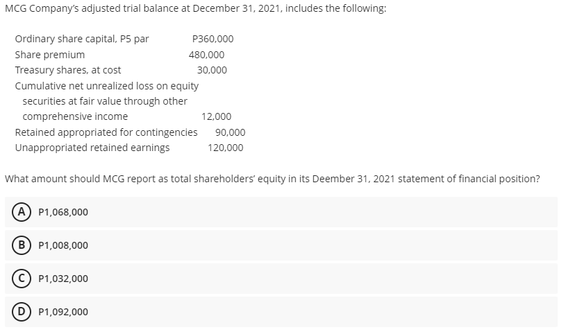 MCG Company's adjusted trial balance at December 31, 2021, includes the following:
Ordinary share capital, P5 par
P360,000
Share premium
480,000
Treasury shares, at cost
30,000
Cumulative net unrealized loss on equity
securities at fair value through other
comprehensive income
12,000
Retained appropriated for contingencies
90,000
Unappropriated retained earnings
120,000
What amount should MCG report as total shareholders' equity in its Deember 31, 2021 statement of financial position?
(A) P1,068,000
B P1,008,000
(c) P1,032,000
D) P1,092,000
