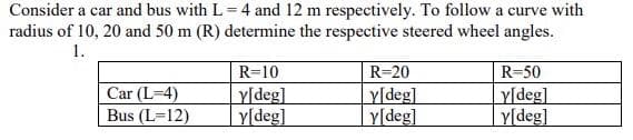 Consider a car and bus with L = 4 and 12 m respectively. To follow a curve with
radius of 10, 20 and 50 m (R) determine the respective steered wheel angles.
1.
R=10
R=20
R=50
Car (L-4)
Bus (L-12)
|Y[deg]
Y[deg]
y[deg]
Y[deg]
Y[deg]
Y[deg]
