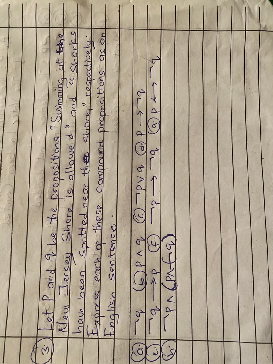 et P and q be the Dropositions "Scoimming at the
3.
New Jersey Shore is allowe d.
have been Spotted near thee shore" respectively
xpress each g these compaund propositions as an
English Sentence
もこ d()
d ち_
