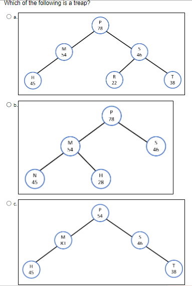 Which of the following is a treap?
a.
78
H
R
45
22
78
M
54
45
28
c.
M
46
H
