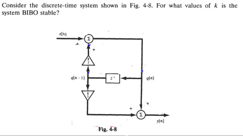 Consider the discrete-time system shown in Fig. 4-8. For what values of k is the
system BIBO stable?
Σ
g[n - 11
yln)
Fig. 4-8
