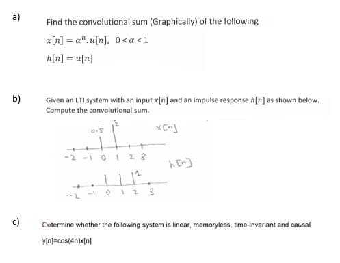 a)
Find the convolutional sum (Graphically) of the following
x[n] = a". u[n], 0<a <1
%3D
h[n] = u[n]
b)
Given an LTI system with an input x[n] and an impulse response h[n] as shown below.
Compute the convolutional sum.
-2 -1
2 3
h En]
2
c)
Cetermine whether the following system is linear, memoryless, time-invariant and causal
yin)=cos(4n)x[n]
