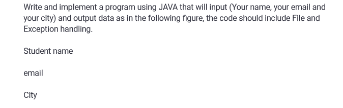 Write and implement a program using JAVA that will input (Your name, your email and
your city) and output data as in the following figure, the code should include File and
Exception handling.
Student name
email
City