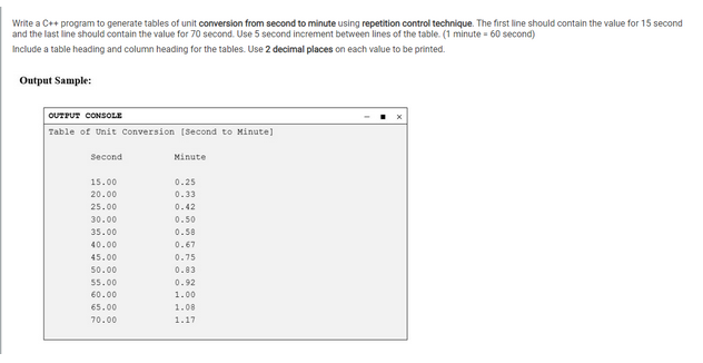 Write a C++ program to generate tables of unit conversion from second to minute using repetition control technique. The first line should contain the value for 15 second
and the last line should contain the value for 70 second. Use 5 second increment between lines of the table. (1 minute = 60 second)
Include a table heading and column heading for the tables. Use 2 decimal places on each value to be printed.
Output Sample:
OUTFUT CONSOLE
Table of Unit Conversion [Second to Minute]
Second
15.00
20.00
25.00
30.00
35.00
40.00
45.00
50.00
55.00
60.00
65.00
70.00
Minute
0.25
0.33
0.42
0.50
0.58
0.67
0.75
0.83
0.92
1.00
1.08
1.17