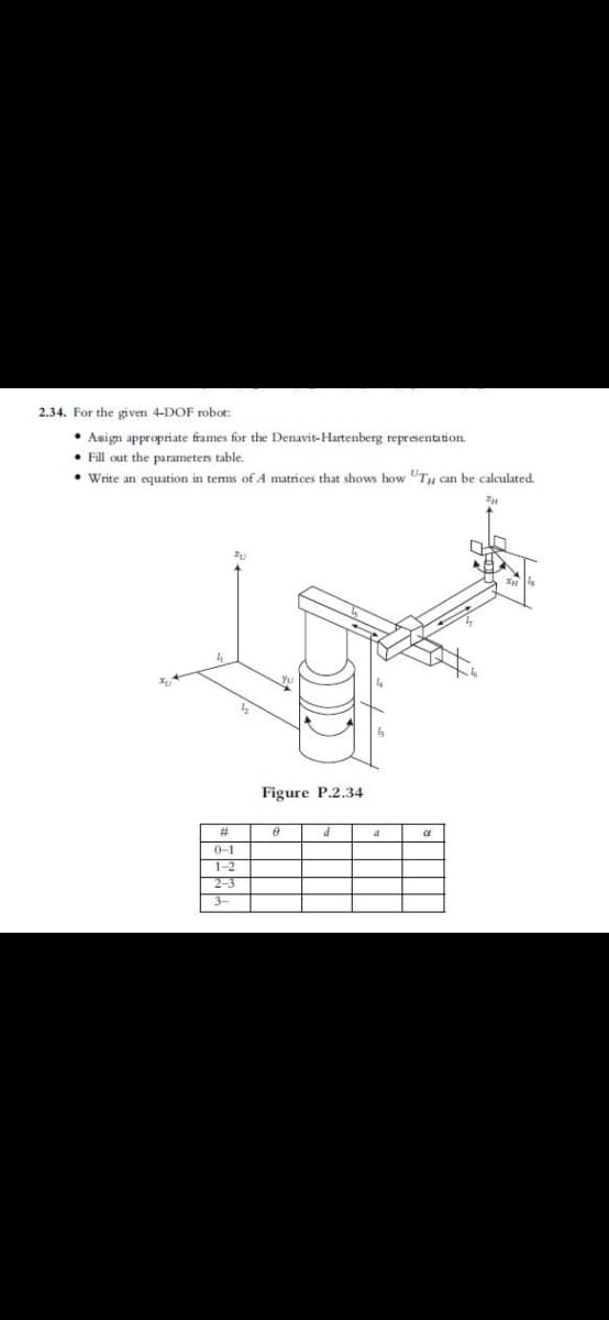 2.34. For the given 4-DOF robot:
• Asign appropriate frames for the Denavit-Hartenberg representation.
• Fill out the parameters table.
• Write an equation in tems of A matrices that shows how "TH can be calculated.
Figure P.2.34
%23
d
0-1
1-2
2-3
