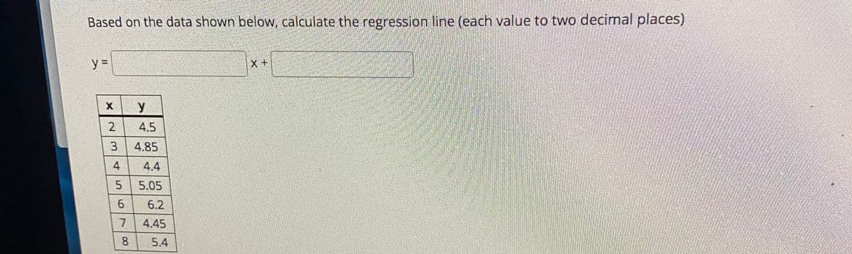 Based on the data shown below, calculate the regression line (each value to two decimal places)
y =
2
4.5
3.
4.85
4
4.4
5.
5.05
6.
6.2
7
4.45
8.
5.4
