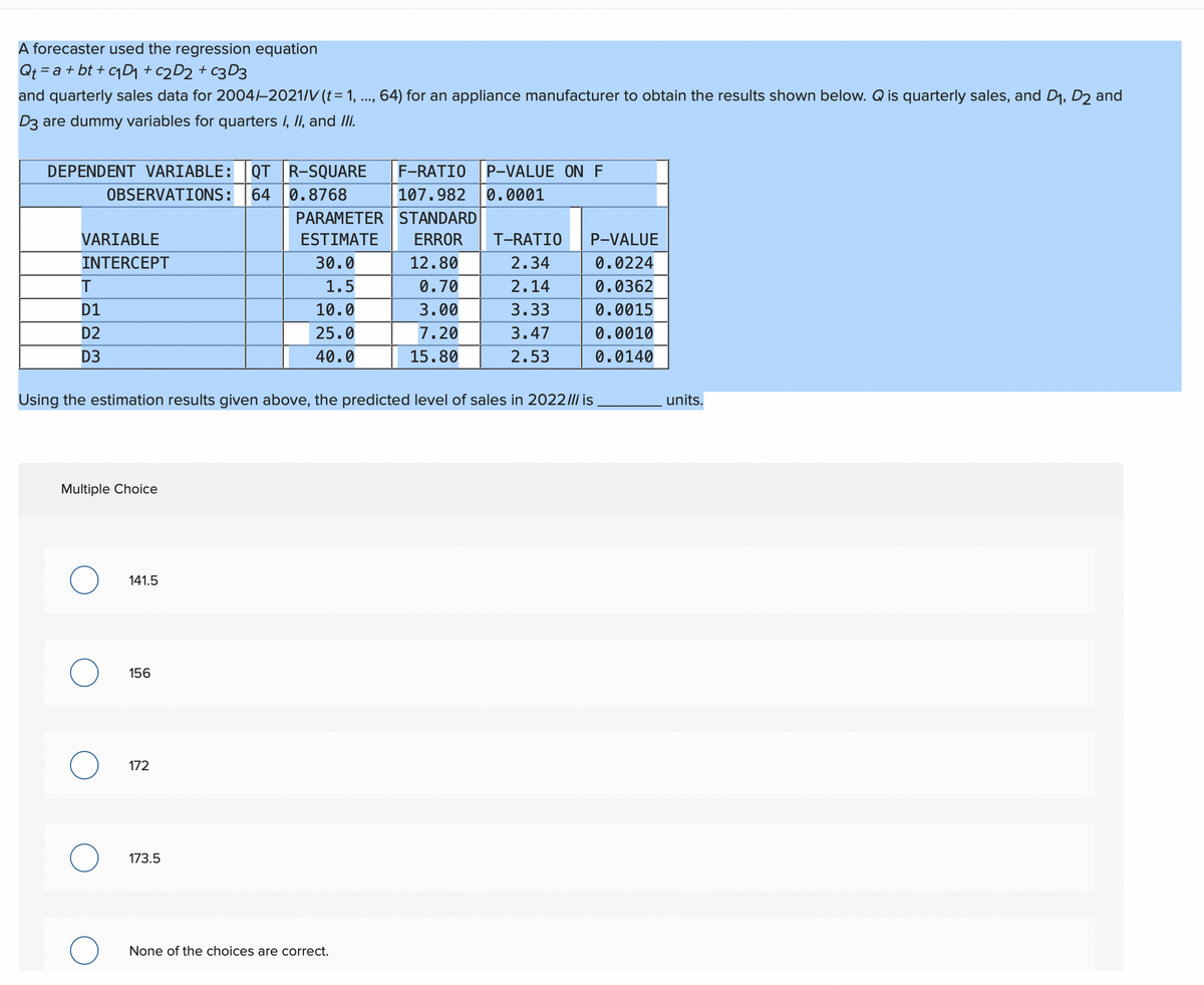 A forecaster used the regression equation
Qt = a + bt + C₁D1 + C2D2 + c3 D3
and quarterly sales data for 2004/2021/V(t = 1, ..., 64) for an appliance manufacturer to obtain the results shown below. Q is quarterly sales, and D₁, D₂ and
D3 are dummy variables for quarters I, II, and III.
DEPENDENT VARIABLE: QT R-SQUARE
F-RATIO P-VALUE ON F
OBSERVATIONS:
64 0.8768
107.982 0.0001
PARAMETER
STANDARD
VARIABLE
ESTIMATE
ERROR T-RATIO P-VALUE
INTERCEPT
30.0
12.80
2.34
0.0224
T
1.5
0.70
2.14
0.0362
D1
10.0
3.00
3.33
0.0015
D2
25.0
7.20
3.47
0.0010
D3
40.0
15.80
2.53
0.0140
Using the estimation results given above, the predicted level of sales in 2022 /// is
Multiple Choice
O
141.5
156
172
173.5
None of the choices are correct.
O
O
units.