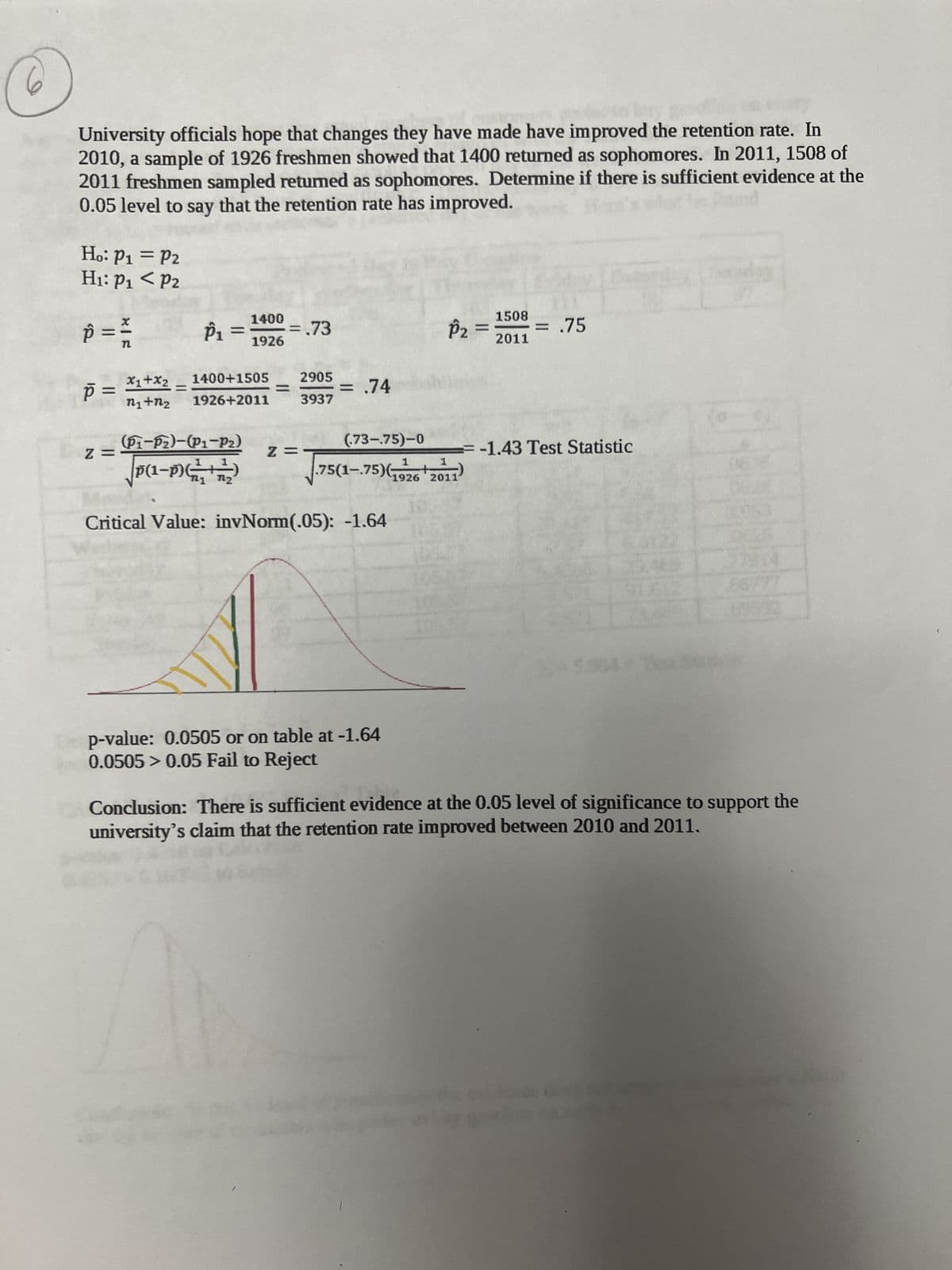 University officials hope that changes they have made have improved the retention rate. In
2010, a sample of 1926 freshmen showed that 1400 returned as sophomores. In 2011, 1508 of
2011 freshmen sampled returned as sophomores. Determine if there is sufficient evidence at the
0.05 level to say that the retention rate has improved.
und.
Ho: P₁ = P2
H₁: P₁ P2
p
ô =
p =
XIE
Z =
n
X1+x2
n₁+n₂
=
P₁
=
1400
1926
1400+1505
1926+2011
= .73
2905
3937
Z =
= .74
(P1-P2)-(P1-P₂)
√p(1-P)(²+2)
Critical Value: invNorm(.05): -1.64
(73-.75)-0
75(1-.75)(1926 2011)
P₂ =
p-value: 0.0505 or on table at -1.64
0.0505 > 0.05 Fail to Reject
10552
1508
2011
= .75
-1.43 Test Statistic
964
Conclusion: There is sufficient evidence at the 0.05 level of significance to support the
university's claim that the retention rate improved between 2010 and 2011.