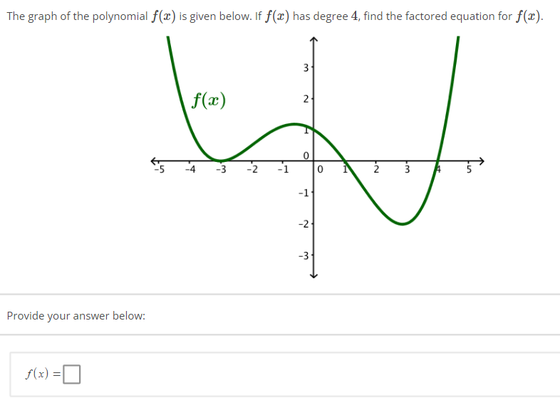 The graph of the polynomial f(x) is given below. If f(x) has degree 4, find the factored equation for f(x).
3
f(x)
2
W
-1
0
2
3
-1
-2₁
-3
Provide your answer below:
f(x) =
-N
wy