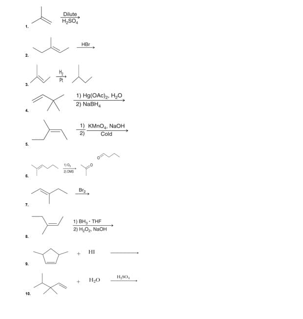 Dilute
H,SO4
1.
HBr
2.
3.
1) Hg(OAc)2, H2O
2) NABH,
1) KMNO, NaOH
2)
Cold
5.
1)0,
21 DMS
6.
Br2
7.
1) Вн, THF
2) H,O2. NaOH
HI
+
H,SO,
H2O
10.
