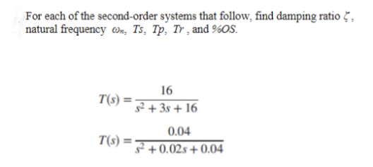 For each of the second-order systems that follow, find damping ratio 5 ,
natural frequency Wn, Ts, Tp, Tr , and %OS.
16
T(s) =
52 + 3s + 16
0.04
T(s) :
s² + 0.02s + 0.04
