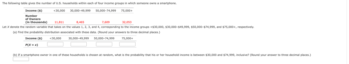 The following table gives the number of U.S. households within each of four income groups in which someone owns a smartphone.
Income ($)
Number
of Owners
(in thousands)
<30,000
30,000-49,999
50,000-74,999
75,000+
11,811
8,465
7,609
32,053
Let X denote the random variable that takes on the values 1, 2, 3, and 4, corresponding to the income groups <$30,000, $30,000-$49,999, $50,000-$74,999, and $75,000+, respectively.
(a) Find the probability distribution associated with these data. (Round your answers to three decimal places.)
Income ($)
<30,000
30,000-49,999 50,000-74,999
75,000+
P(X = x)
(b) If a smartphone owner in one of these households is chosen at random, what is the probability that his or her household income is between $30,000 and $74,999, inclusive? (Round your answer to three decimal places.)