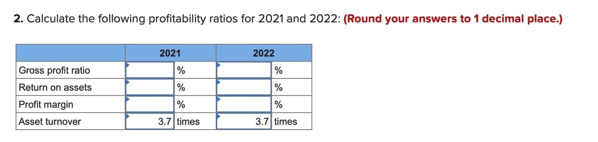 2. Calculate the following profitability ratios for 2021 and 2022: (Round your answers to 1 decimal place.)
2021
2022
Gross profit ratio
%
%
Return on assets
Profit margin
%
Asset turnover
3.7 times
3.7 times
