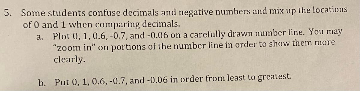 5. Some students confuse decimals and negative numbers and mix up the locations
of 0 and 1 when comparing decimals.
a.
Plot 0, 1, 0.6, -0.7, and -0.06 on a carefully drawn number line. You may
"zoom in" on portions of the number line in order to show them more
clearly.
b. Put 0, 1, 0.6, -0.7, and -0.06 in order from least to greatest.