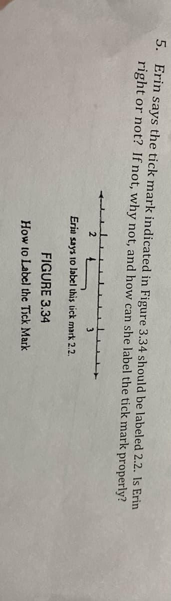 5. Erin says the tick mark indicated in Figure 3.34 should be labeled 2.2. Is Erin
right or not? If not, why not, and how can she label the tick mark properly?
2 4
3
Erin says to label this tick mark 2.2.
FIGURE 3.34
How to Label the Tick Mark