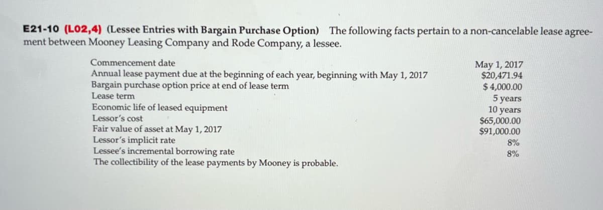 E21-10 (L02,4) (Lessee Entries with Bargain Purchase Option) The following facts pertain to a non-cancelable lease agree-
ment between Mooney Leasing Company and Rode Company, a lessee.
Commencement date
Annual lease payment due at the beginning of each year, beginning with May 1, 2017
Bargain purchase option price at end of lease term
Lease term
Economic life of leased equipment
Lessor's cost
Fair value of asset at May 1, 2017
Lessor's implicit rate
Lessee's incremental borrowing rate
The collectibility of the lease payments by Mooney is probable.
May 1, 2017
$20,471.94
$4,000.00
5 years
10 years
$65,000.00
$91,000.00
8%
8%