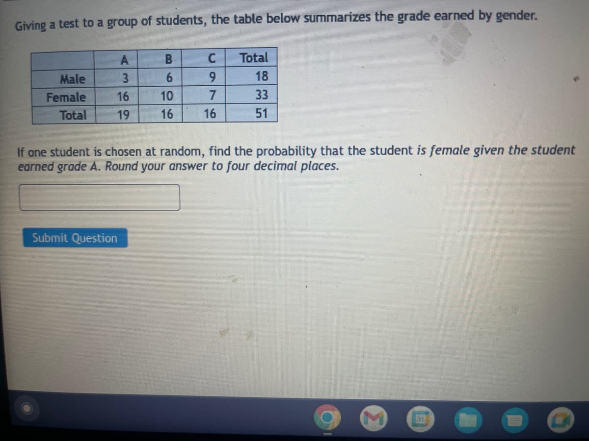 Giving a test to a group of students, the table below summarizes the grade earned by gender.
Male
Female
Total
A
3
16
19
B
6
Submit Question
10
16
C
9
16
Total
18
33
51
If one student is chosen at random, find the probability that the student is female given the student
earned grade A. Round your answer to four decimal places.
31