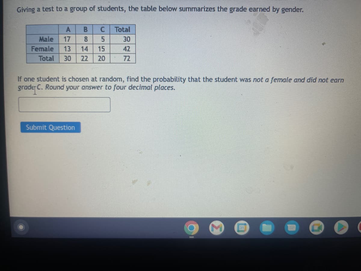 Giving a test to a group of students, the table below summarizes the grade earned by gender.
А
B
C Total
17
8
5
Male
Female 13 14 15
Total 30 22 20
30
42
72
If one student is chosen at random, find the probability that the student was not a female and did not earn
grade C. Round your answer to four decimal places.
Submit Question
31